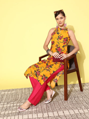 Varanga mustard floral printed halter neck straight kurta with side slits